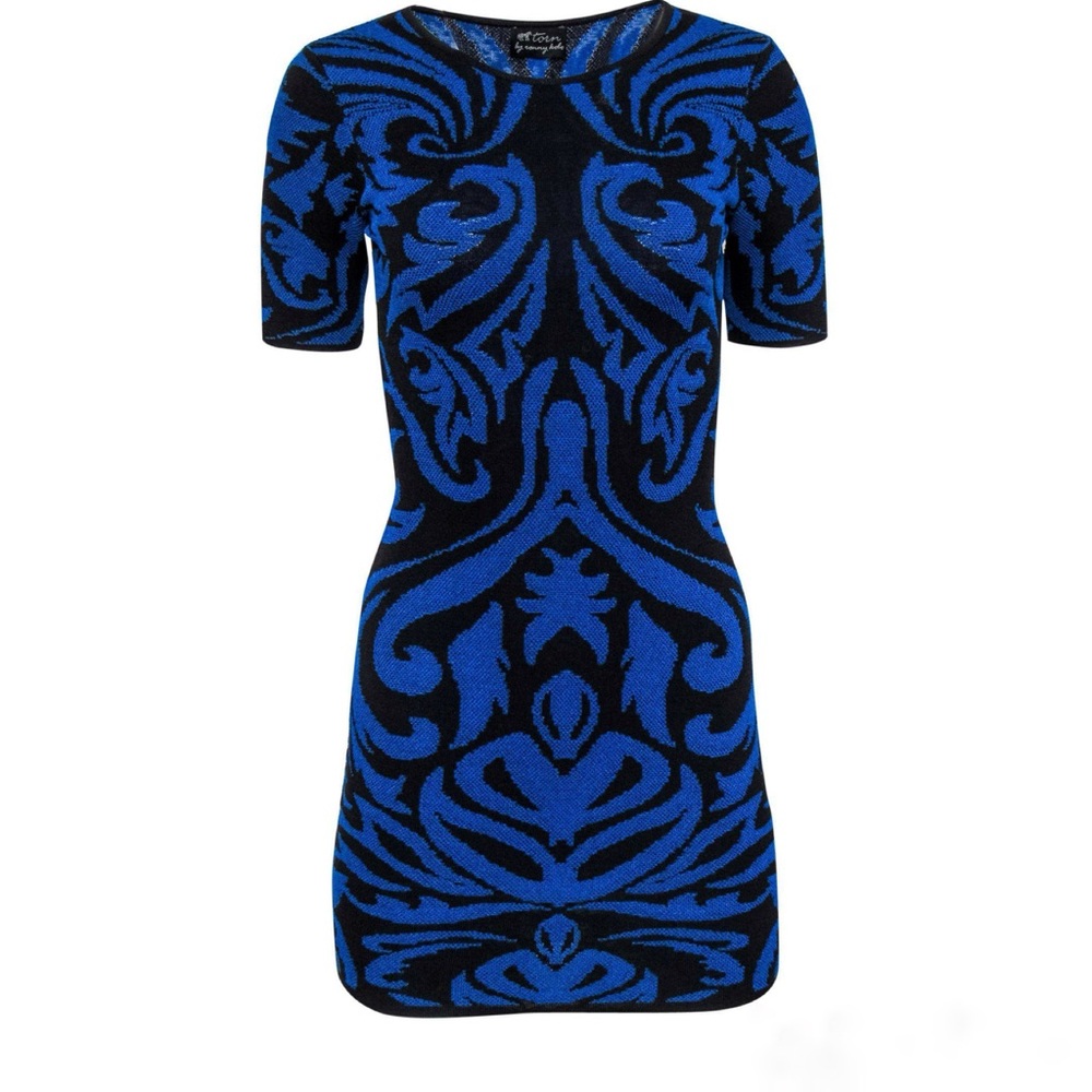 Torn By Ronny Kobo Cobalt Blue & Black Patterned Bandage Bodycon Dress Large